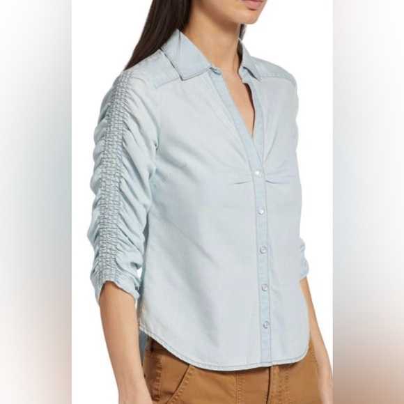 VERONICA BEARD PORTA RUCHED SLEEVE CHAMBRAY TOP, SIZE 12. - Picture 1 of 12